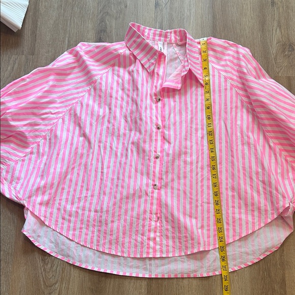 Glam Neon Pink and White Striped Button-Up Blouse - Picture 7 of 7